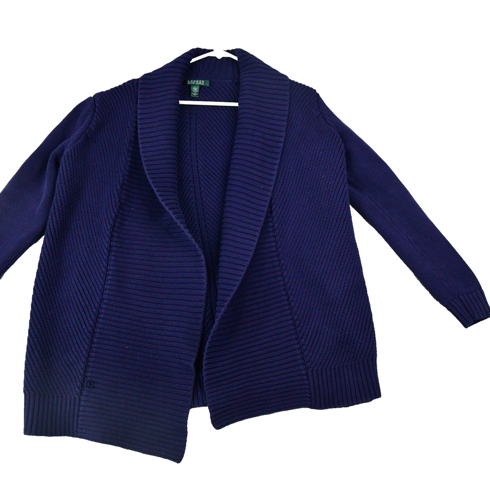 Lauren Ralph Lauren Cardigan Womens Large Blue Chunky Knit Open Front Cotton